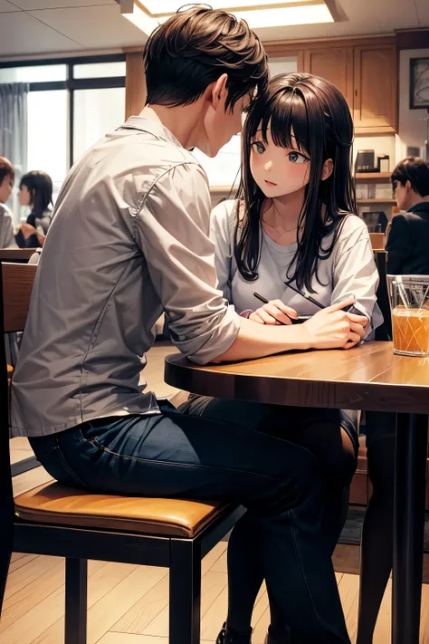 background：Inside a cafe 、 they are talking with a family living room setting 。There is an atmosphere where there is a table and 、 other people 々 are around 。

Female Characters： they seem a little lonely 、 they sit with a dissatisfied expression 。 they ha...