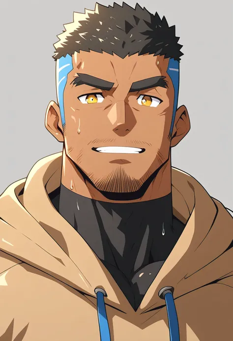 negro, anime characters：Gyee, Young Muscle Sports Sexy Teacher, sweat, negro black skin, Manliness, male focus, Brown long-sleeved hooded sweatshirt, Wear a black high-necked tights inside, Very tight, muscular male, muscular, only, Upper body, Brown short...