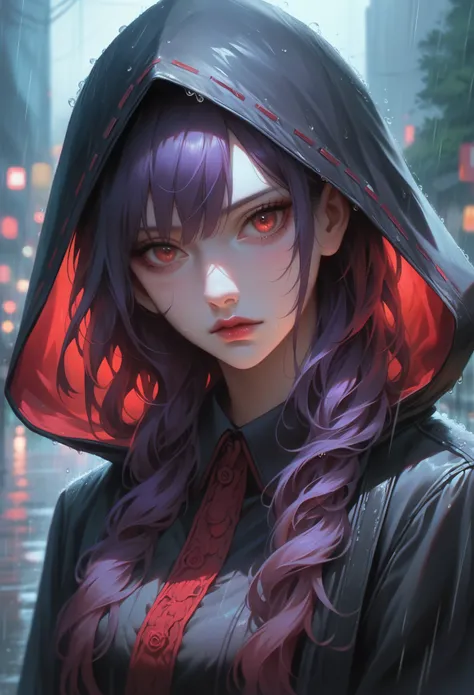 32k, best quality, more details, masterpiece, 1woman, Rize_Kamishiro_Tokyo_Ghoul, portrait, Female focus, red eyes, solo, bangs, looking at viewer, hood, Long hair, rain, tokyo tokyo (city), hood up, nail polish, Purple hair, luxurious, 8k, detailed, ray t...