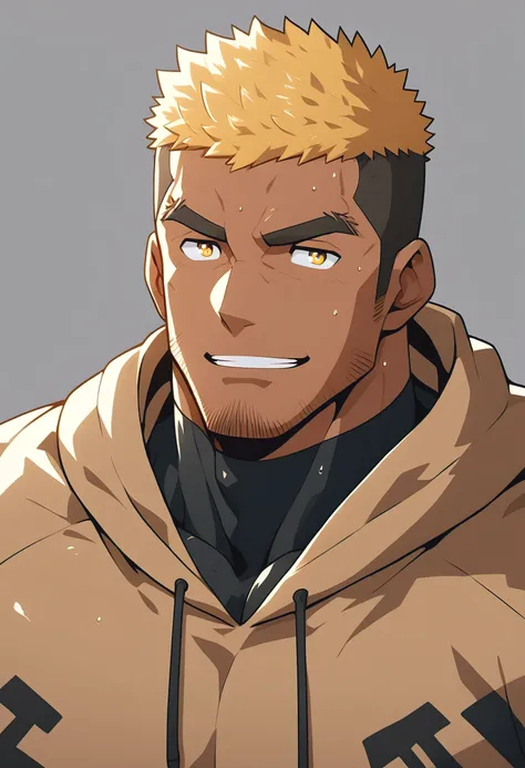 negro, anime characters：Gyee, Young Muscle Sports Sexy Teacher, sweat, negro black skin, Manliness, male focus, Brown long-sleeved hooded sweatshirt, Wear a black high-necked tights inside, Very tight, muscular male, muscular, only, Upper body, Brown short...