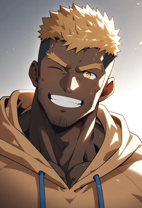 negro, anime characters：Gyee, Young Muscle Sports Sexy Teacher, sweat, negro black skin, Manliness, male focus, Brown long-sleeved hooded sweatshirt, Wear a black high-necked tights inside, Very tight, muscular male, muscular, only, Upper body, Brown short...