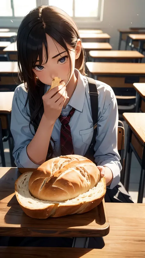 a student eating bread on a school desk, detailed school desk, bread on the desk, realistic, detailed, 8k, high resolution, photorealistic, professional, hyper detailed, ultra detailed, intricate details, exquisite, cinematic lighting, warm lighting, schoo...