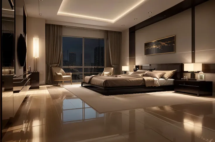 arafed bedroom with a large bed and a large window, bed room, luxurious environment, luxury condo interior, bedroom interior, serene bedroom setting, dim bedroom, high quality rendering, modern design, luxury hd render, apartment design, popular interior d...