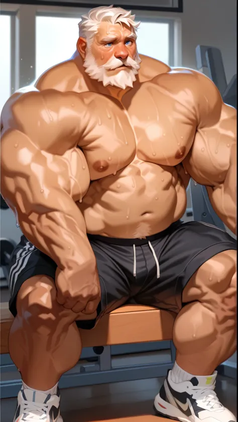 solo, 1boy, Muscular Old man, wide shoulder, pectoral, thick arms, huge pectoral, nipples, wide pectoral, sitting on gym, short white hair, detailed eyes, shorts, sweat, shirtless, masterpiece, semirealistic:1.2, high detailed, 8k, high resolution