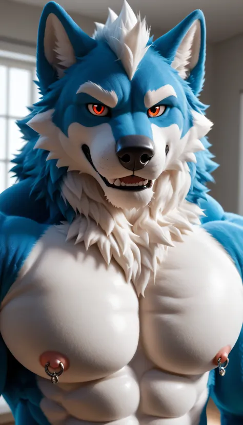 score_9, score_8_up, score_7_up, "Close-up 3D render of a strikingly handsome male wolf in a fursuit, showcasing his muscular chest. His lips are slightly parted in a mischievous, seductive manner, enhancing his allure. The design emphasizes a shiny nipple piercing that adds to his tantalizing appeal. His soft, vibrant fur contours around his well-defined physique, while subtle lighting enhances the details, creating a captivating and powerful presence that exudes raw sensuality."