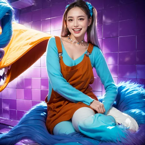 The image shows a cheerful young small teen girl sitting comfortably on a fluffy blue hand, likely belonging to the large creature seen in the previous image. She is dressed in a bright outfit with a blue top and orange overalls, accessorized with colorful...