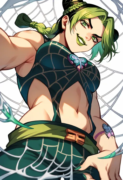 jolyne, view from below, looking at camera, tall, smiling, green eyes, two-tone hair, green hair, black hair, double bun, braide...