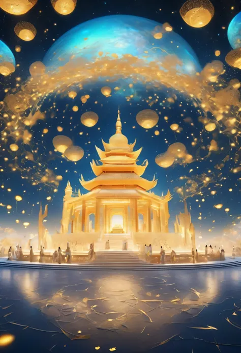 Fifty pictures from the ground to the sky,Surrounded by stars,Ancient mysterious atmosphere。3d rendering,The artistic colors of Dunhuang,Radiate Zen,。Golden text,Small figures in flowing clothes,Circular layout,Mysterious atmosphere,Gorgeous,Bioluminescenc...