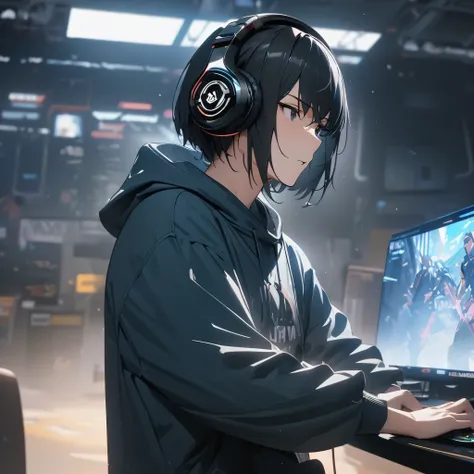 Adult male, , Short black hair, Long Bangs, Wearing slacks, White collar shirt,  hoodie, Wear headphones, Play the game, (Best Quality,4K,8k,High resolution,masterpiece:1.2), transparency