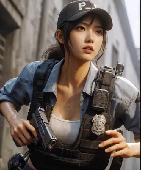 8k,  Photorealistic、Realistic skin texture、Pore expression、 a beautiful Japanese woman from the Los Angeles Police Department、 opening her mouth slightly 、Plainclothes Police、 SIG with a handgun、Run while being alert 、Age 30、brave and brave 、Veteran presen...