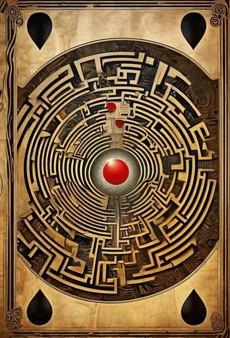 professional image, professional lights, ai drivenl maze,, a queen of clubs card with a strange maze made by book pages, lost an...