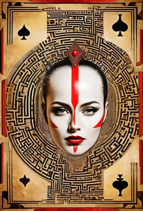 professional image, professional lights, ai drivenl maze,, a queen of clubs card with a strange maze made by book pages, lost an...