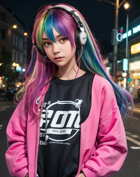 1girl,European,solo,rainbow hair,sweatshirt,straight hair,hand in pocket,headphones,long hair,