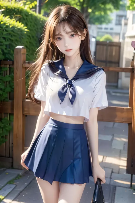 (Ultra HD), (Looking at me), (Short-sleeved sailor uniform,  navy blue mini skirt), Big Breasts, Super beautiful breasts, Slender, (Thin legs:1.2), (Thin thighs:1.2), (Thin Hips:1.4), (Beautiful Skin, Shiny skin, White skin), (Super slim face, Super beauti...