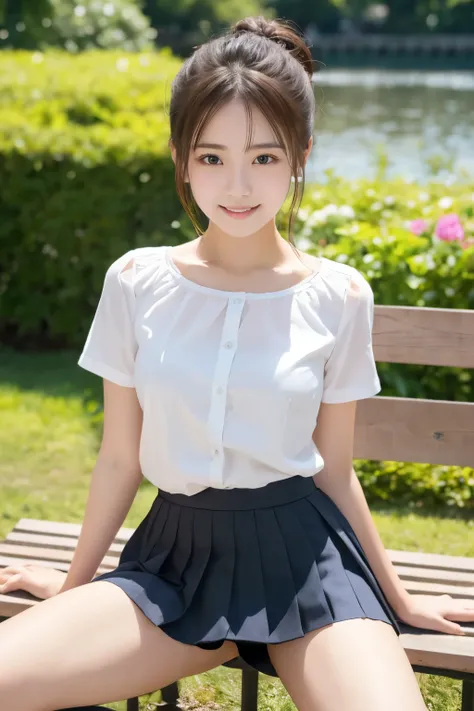 1 young girl,very cute and beautiful japanese teen actress,highly detailed beautiful face, white blouse,short sleeve,panty shot,white panties,sitting on bench,spread legs BREAK solo,cowboy shot,looking at viewer,smile,happy,low ponytail,(pleated black mini...