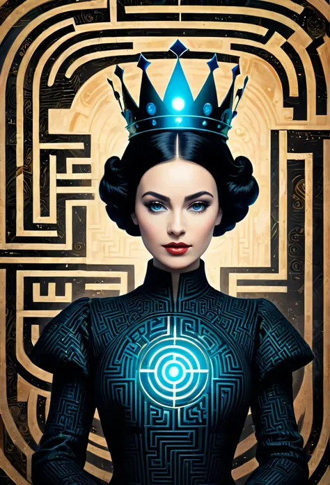 professional image, professional lights, ai drivenl maze,, a queen of clubs card with a strange maze made by book pages, lost an...