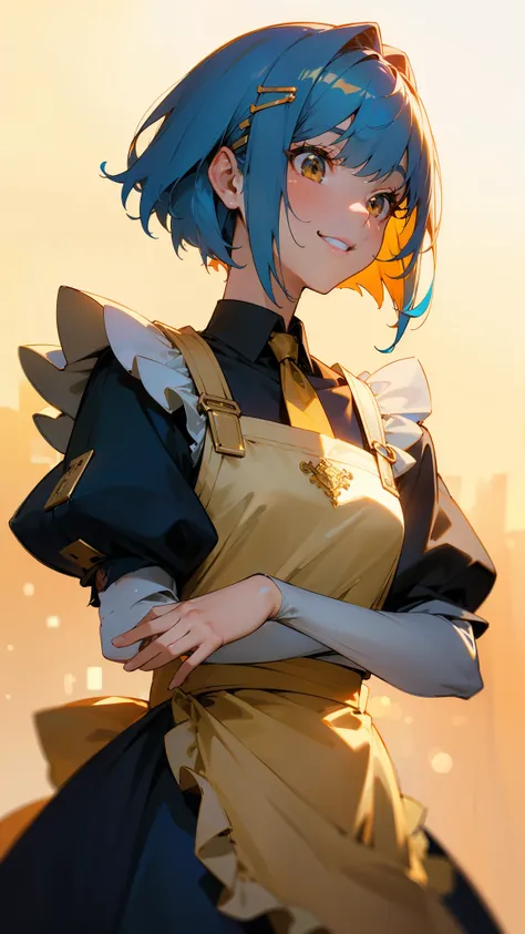 (masterpiece、Best Quality)、 Exquisite Details 、8k、 sharp focus 、(Bokeh) (Best Quality) (Exquisite Skin:1.3) ( Exquisite Details ) (8k) (fine粒子) (anime)、Shiny light blue hair、Short Bob Hairstyles、Tie your hair with an orange hair clip、Beautiful brown eyes、s...