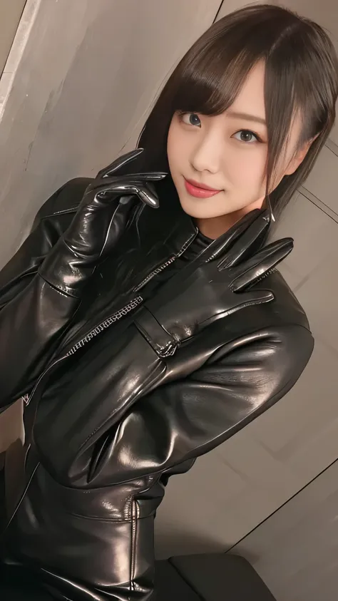 black leather rider jacket, Office in the Dark, Black leather gloved fingertips on both hands,Wearing black leather gloves,Sitting in a black leather chair、 Japanese female new recruits (Black leather gloves cover both hands) (The angle is horizontal)、Blac...