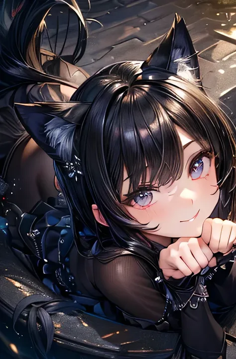  ((masterpiece,best quality,ultra-delicate,Perfect Face,very detailed eyes,16k,high resolution,very beautiful girl)),black cat girl,smile,black dress,black cat ears,black cat tail,black hair,paw pose,from above,revealing clothing