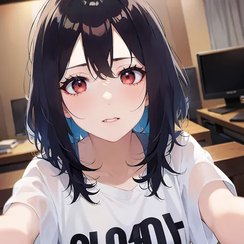 Looking up、upper body,
(pale skin:1.2), shiny skin, shiny hair、(A 40-year-old woman:1.5) and (bob cut) and (hair between eyes) and (black hair) and (red eyes), 
over size t-shirt、oversized clothes,white shirt,
blush,
The background is the living room at ni...