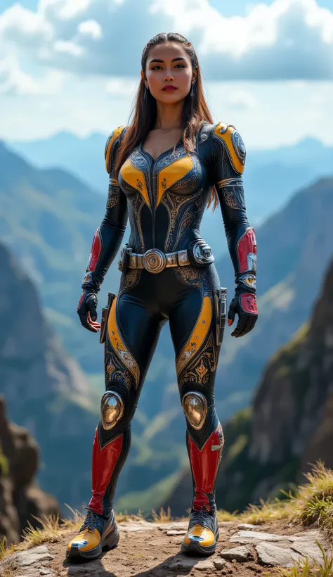 Create a realistic female superhero inspired by Marvel characters, showcasing a modern and tactical costume that reflects the rich cultural heritage of Venezuela. Her outfit should feature elements such as the vibrant colors of the Venezuelan flag—yellow, ...