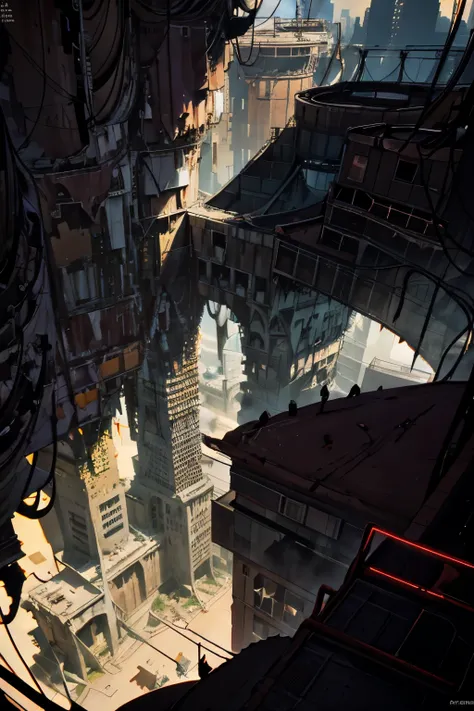  Top view image of a sinuous bridge between a tall tower at the center of a post-apocalyptic North American canyon and another building,  view of the entire dark desert ,  there is a reinforced concrete walkway connecting two buildings on the horizon ,  ha...