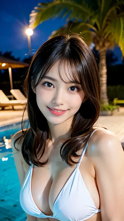 20 years old woman sitting by the pool, gorgeous model, (((beautiful countenance))), (((big eye))), (((Beautiful eyes))), (((long lashes))), ((Beautiful teeth alignment)), Japanese Models, ((micro Bikini)), Young, Sensual, ((Gravure Idol)), Pretty, Realist...