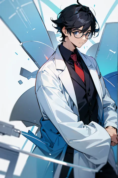 male , scientist, glasses, lab background  ,black hair 