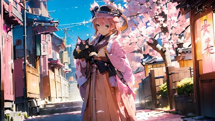 ((Taisho Romance:1.5)),((Pink haired beautiful girl:1.6)),((Wearing hakama)),(cat),(whole body),((stroll))