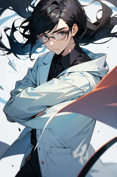 male , scientist, glasses, lab background  ,black hair 