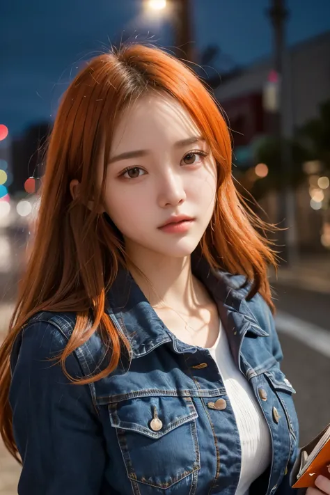 lifelike, High resolution, soft light,1 Miss, (Detailed face), denim jacket，holding a book in hand，wear glasses，keen vision, noble and inviolable temperament, (([Miss]: 1.2 + [beauty]: 1.2 + long orange hair: 1.2)), Bright Eyes, Purple tone pattern，purple ...