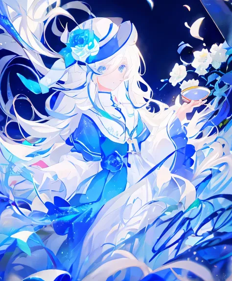 masterpiece，Girl，White long hair，Blue Eyes，Blue Top Hat ， Blue White Dress ，Drink tea，Drink tea，grace， Super Complicated Details， Beautiful Color ，Colorful，White，Flowers bloom，aurora