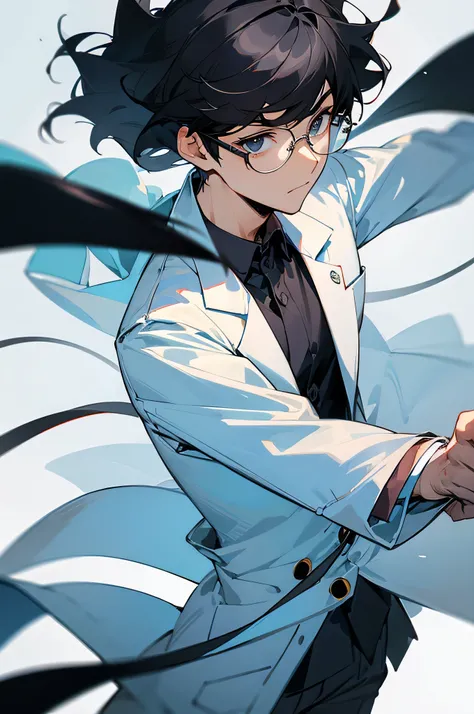 male , scientist, glasses, lab background ,black hair 