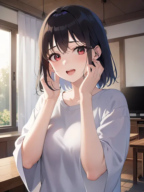 upper body,hand on own face,
(pale skin:1.2), shiny skin, shiny hair、(A 40-year-old woman:1.5) and (bob cut) and (hair between eyes) and (black hair) and (red eyes), 
over size t-shirt、oversized clothes,white shirt,
（blush:1.5）,open mouth,
The background i...