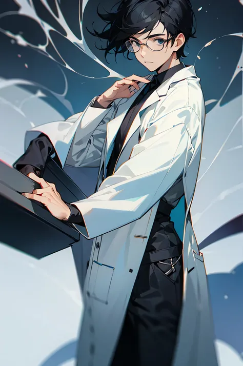 male , scientist, glasses, lab background ,black hair 