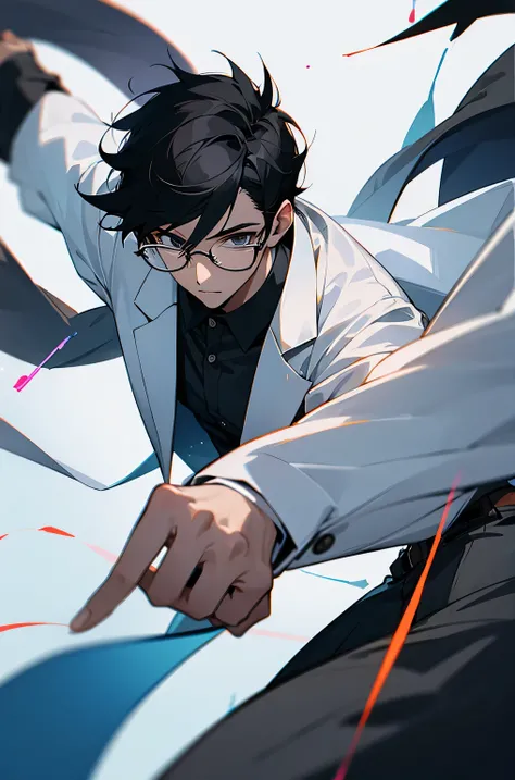 male , scientist, glasses, lab background ,black hair 