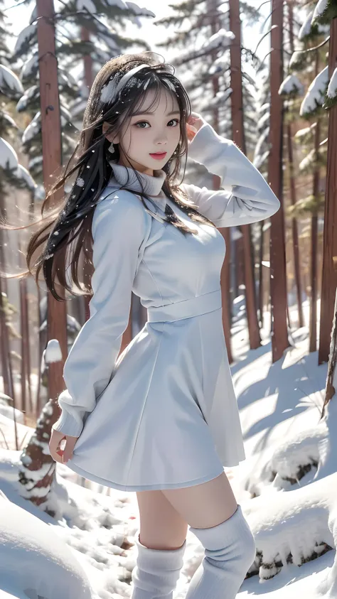 ulzzang-6500-v1.1, (RAW photo: 1.2), (Real photo), (Real photo: 1.4), 1 girl、Perfect anatomy、1、Looking at the camera、Medium length hair、She is dancing and dancing, winter uniform dress, on the pine hill, the whole hill is covered in snow, ((on the pine hil...