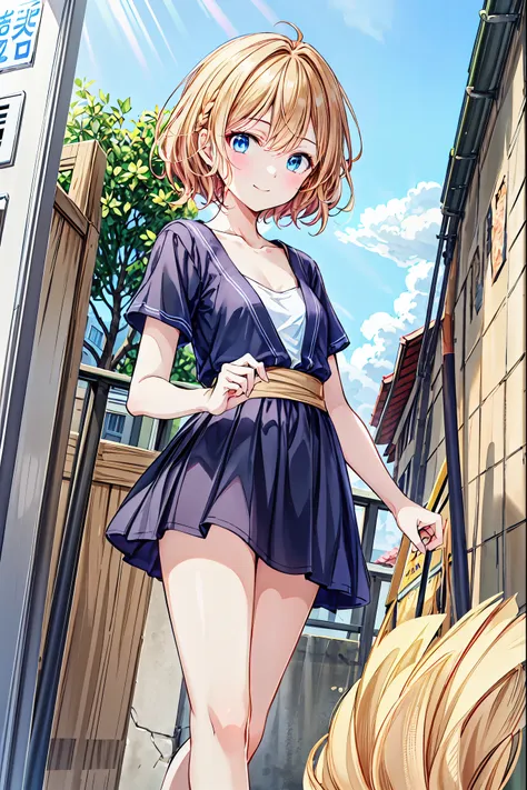 （ cute girl :1.3）、 smile,summer atmosphere、plain t-shirt、brown hair、　(3)，blue sky，small breasts， flat chest，((redeem)), ( very d...