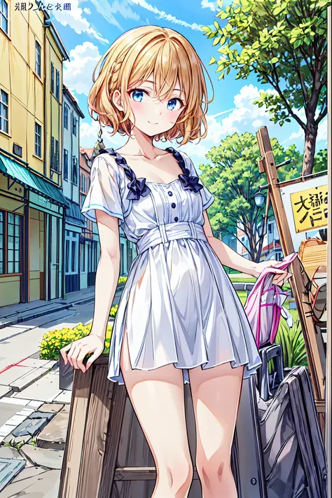 （ cute girl :1.3）、 smile,summer atmosphere、plain t-shirt、brown hair、　(3)，blue sky，small breasts， flat chest，((redeem)), ( very d...