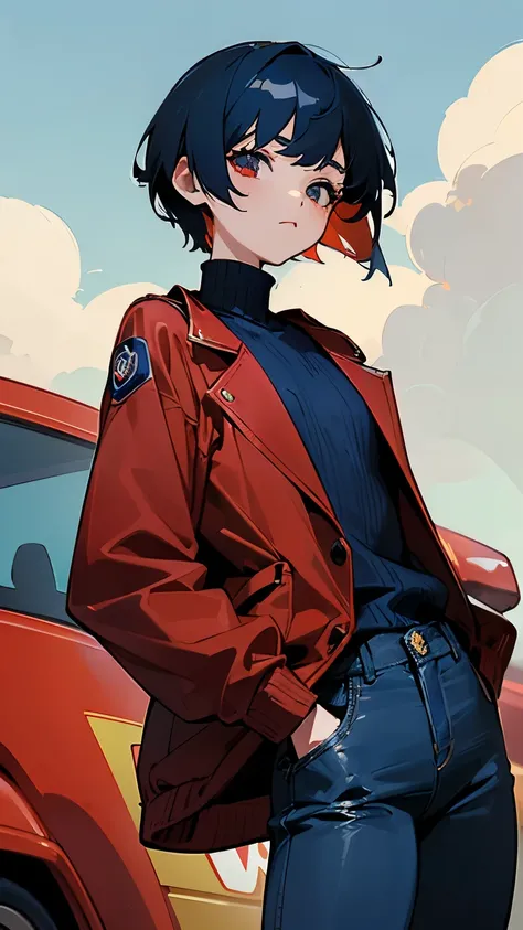 (masterpiece、 top quality )、 Feminine Girl、({{x}} Slap、Red)、(jacket、Ultramarine blue jumper )、 Navy Blue Jeans Pants,  Volkswagen Yellow 、 Police Wind 、very short hair, Pixie Haircut , Black hair, (Medium chest)