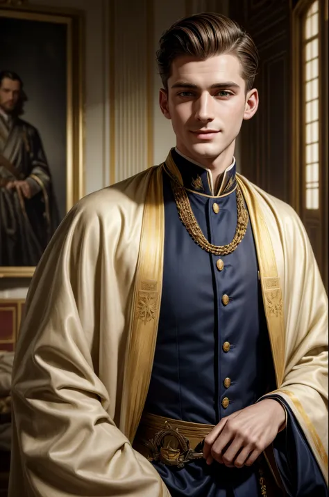 masterpiece, best quality, extremely detailed, hyperrealistic, photorealistic, a cool french 30s man, pale skin, ultra detailed face:1.2, navy emperor robe:1.1, crew cut, yellow brown hair, smiling, royal palace