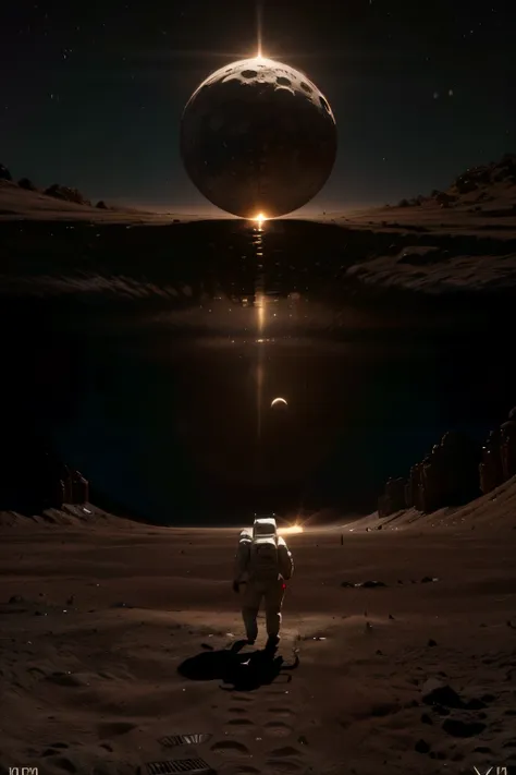 a lunar module landing on the surface of the moon, highly detailed 8k, photorealistic, cinematic lighting, dramatic, epic scale, realistic space shuttle, lunar rover, astronaut walking on the moon, American flag, craters, rocky terrain, Earth visible in the background, dramatic shadows, vivid colors
