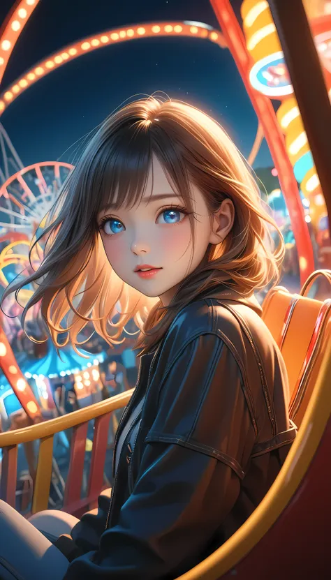 1girl in a ferris wheel, excited expression, roller coaster visible through window, furtive glances, aerial view of amusement pa...