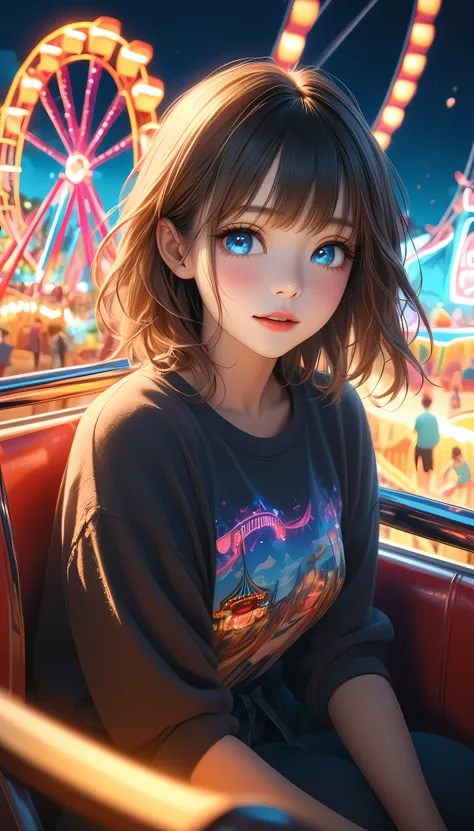 1girl in a ferris wheel, excited expression, roller coaster visible through window, furtive glances, aerial view of amusement pa...