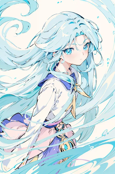 Close-up shot of cartoon character with long hair and dress, Magical girl style, Wearing a skirt, Cute anime wearing beautiful skirt, I will deny this, Little Happiness, White and light blue tones, White cyan, Beautiful anime character design, Splash Art A...