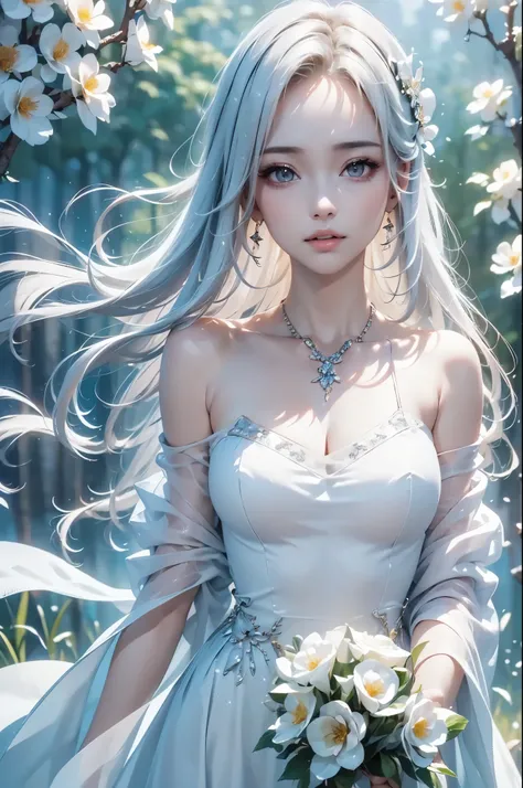 ((masterpiece:1.5、best quality, Very detailed、Realistic))(Photo studio、flower back ground, fantasic composition)1girl, face:sweet girl, off shoulder dress:1.4, loose fitting dress, black dress. medium breasts, white hair, beautiful, Light shines in、Anti-al...