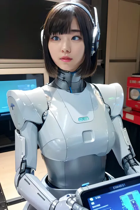 masterpiece, best quality, extremely detailed, Japaese android girl,Plump ,control panels,android,Droid,Mechanical Hand, Robot arms and legs,Blunt bangs,perfect robot girl,white robot body,mechanical neck,long tube,thick cable connected her neck,android,ro...