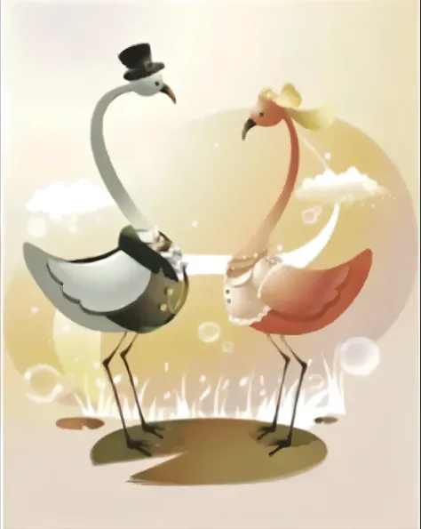   There are two birds standing on a side field Edge,  A pair of elegant couples , illustration!, cute couple,  Pearls and Oysters  , illustration”, [in love, Dancing with each other , 美麗地illustration, Happy couple,  Love concept art ,  very very surreal , ...