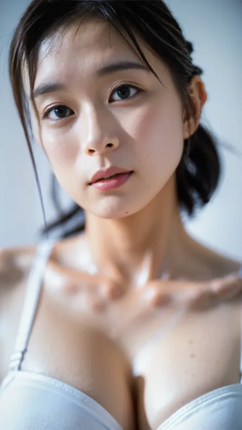Best Quality,masterpiece,Ultra-high resolution,High-definition RAW color photos,Professional photos,Natural skin texture,Fine skin,Hyperrealism, Japanese Woman ,Black hair chignon,(Beautiful white skin,Around town,white sexy bra,gigantic breast,face focus,...