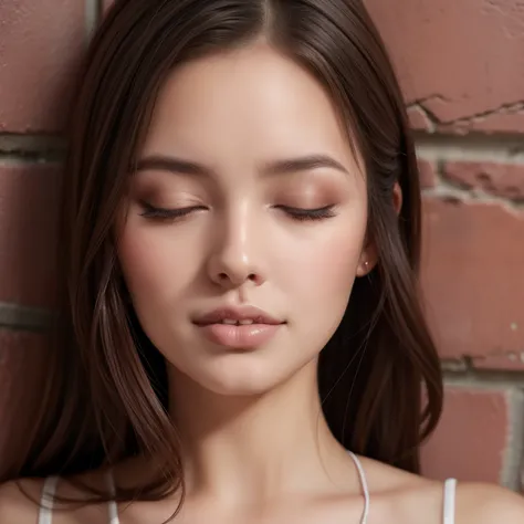 Close up shot of a woman who has closed her eyes and parted her perfect lips, blushing very hard, kissable face and lips, amazing makeup, against a wall